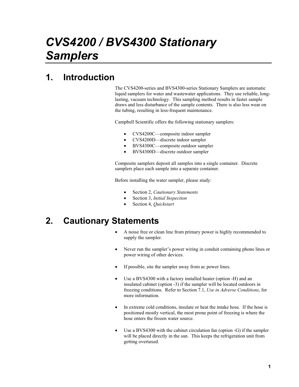 Introduction, Cautionary statements | Campbell Scientific CVS4200 / BVS4300 Stationary Samplers User Manual | Page 9 / 92