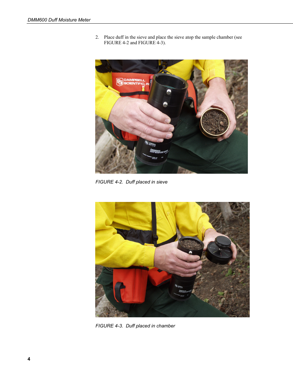 2. duff placed in sieve, 3. duff placed in chamber | Campbell Scientific DMM600 Duff Moisture Meter User Manual | Page 10 / 26