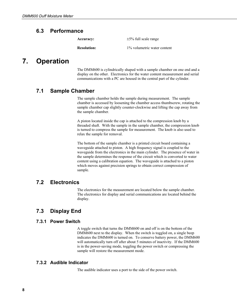 3 performance, Operation, 1 sample chamber | 2 electronics, 3 display end, 1 power switch, 2 audible indicator, Performance, Sample chamber, Electronics | Campbell Scientific DMM600 Duff Moisture Meter User Manual | Page 14 / 26