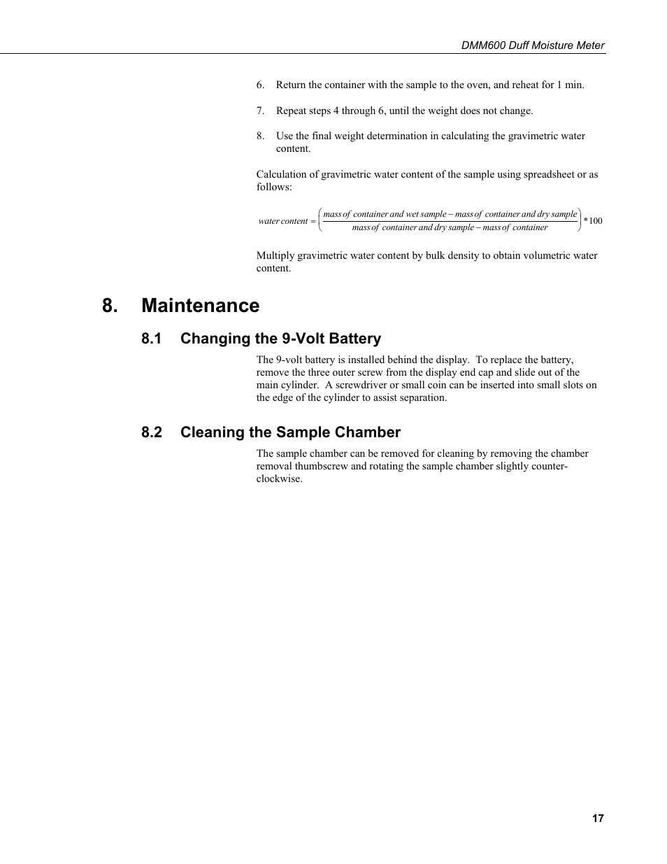 Maintenance, 1 changing the 9-volt battery, 2 cleaning the sample chamber | Changing the 9-volt battery, Cleaning the sample chamber | Campbell Scientific DMM600 Duff Moisture Meter User Manual | Page 23 / 26