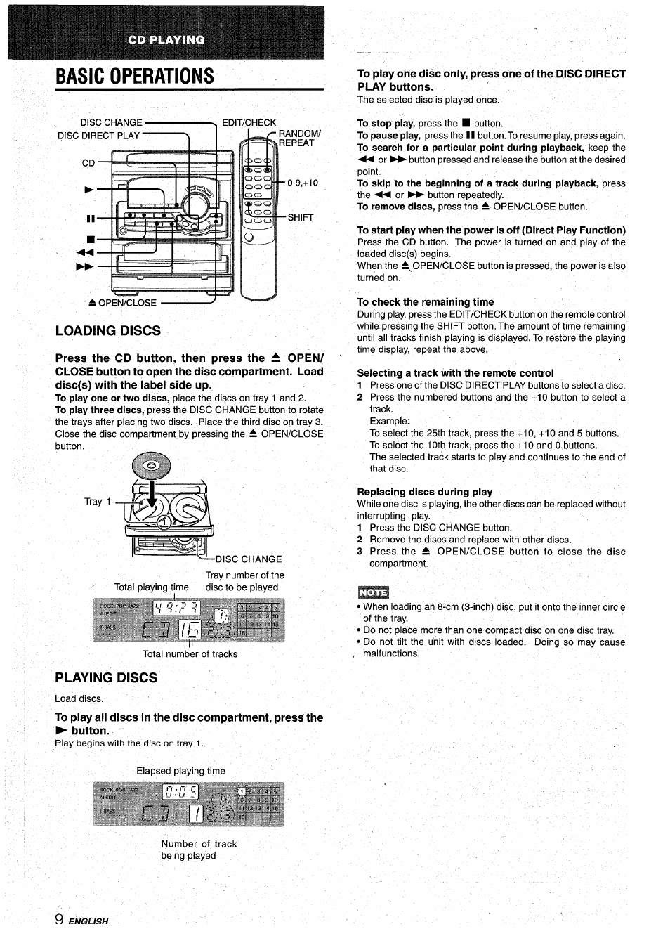 Basic operations, To check the remaining time, Selecting a track with the remote control | Replacing discs during play, Cii [b, Loading discs, Playing discs | Aiwa CX-NA22 User Manual | Page 10 / 64