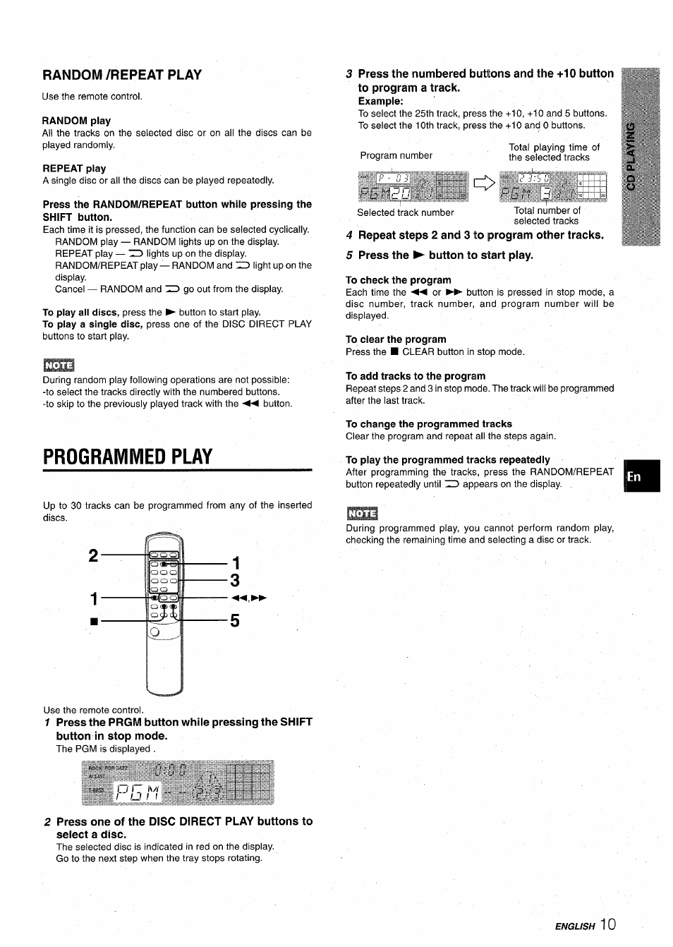 Random play, Repeat play, 4 repeat steps 2 and 3 to program other tracks | 5 press the ^ button to start play, To check the program, To clear the program, Programivied play, To add tracks to the program, To change the programmed tracks, To play the programmed tracks repeatedly | Aiwa CX-NA22 User Manual | Page 11 / 64