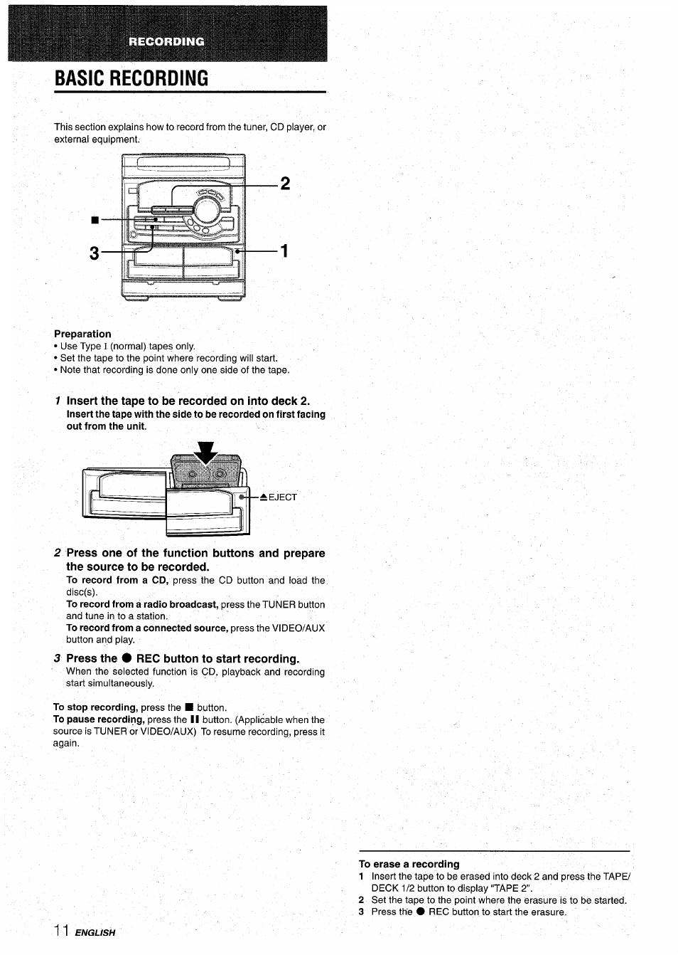 Basic recording, Preparation, 3 press the # rec button to start recording | To erase a recording, Preparations | Aiwa CX-NA22 User Manual | Page 12 / 64