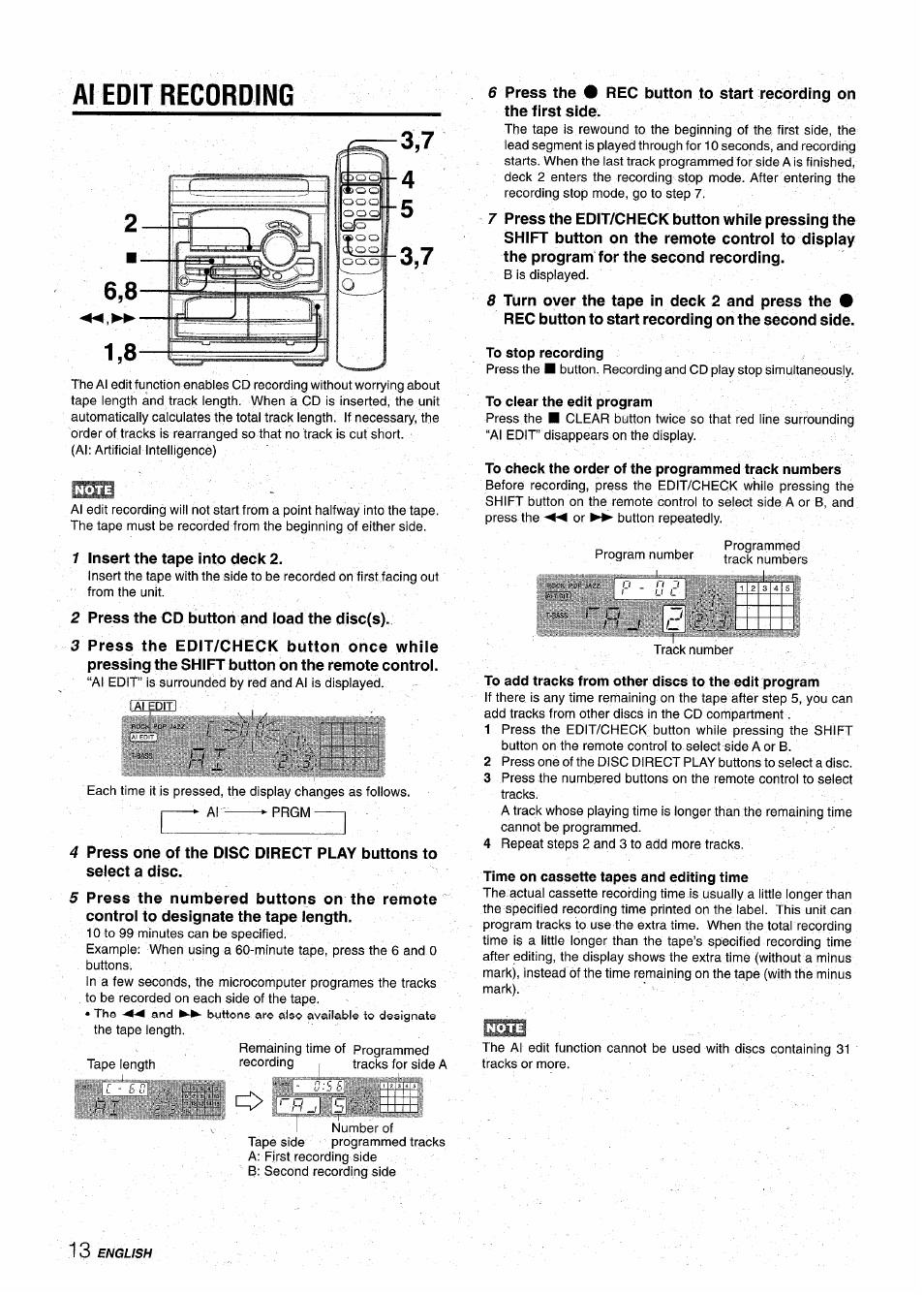 Al edit recording, To stop recording, To check the order of the programmed track numbers | To add tracks from other discs to the edit program, Time on cassette tapes and editing time, Ai edit recording | Aiwa CX-NA22 User Manual | Page 14 / 64