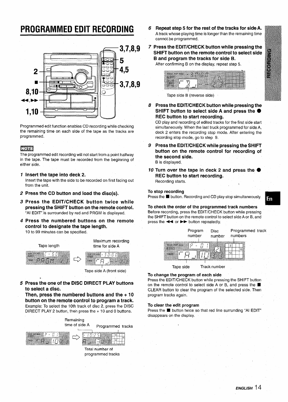 Programivied edit recording, To stop recording, To check the order of the programmed track numbers | To change the program of each side, To clear the edit program, Programmed edit recording | Aiwa CX-NA22 User Manual | Page 15 / 64