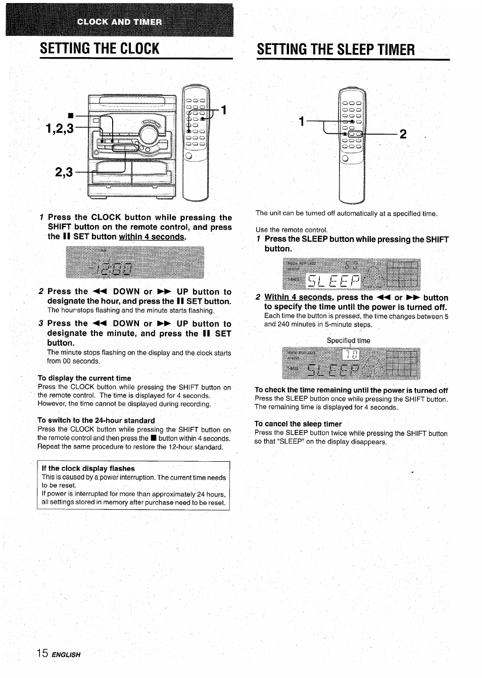 Sehing the clock, Sehing the sleep timer, To display the current time | To switch to the 24-hour standard, To cancel the sleep timer, If the clock display flashes, Setting the clock setting the sleep timer | Aiwa CX-NA22 User Manual | Page 16 / 64