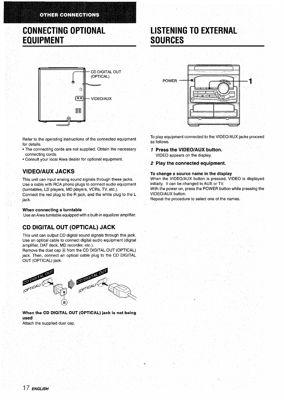 Connecting optional equipment, Listening to external sources, When connecting a turntable | 1 press the video/aux button, 2 play the connected equipment, To change a source name in the display | Aiwa CX-NA22 User Manual | Page 18 / 64