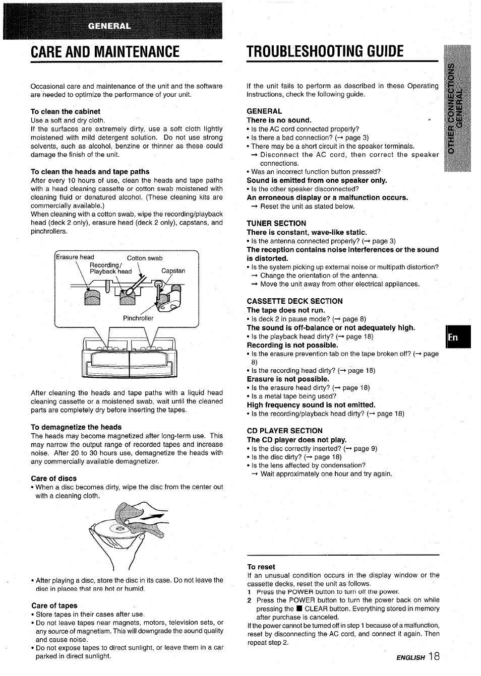 Care and maintenance, To clean the cabinet, To clean the heads and tape paths | To demagnetize the heads, Care of discs, Care of tapes, Troubleshooting guide, General, Tuner section, Cassette deck section the tape does not run | Aiwa CX-NA22 User Manual | Page 19 / 64
