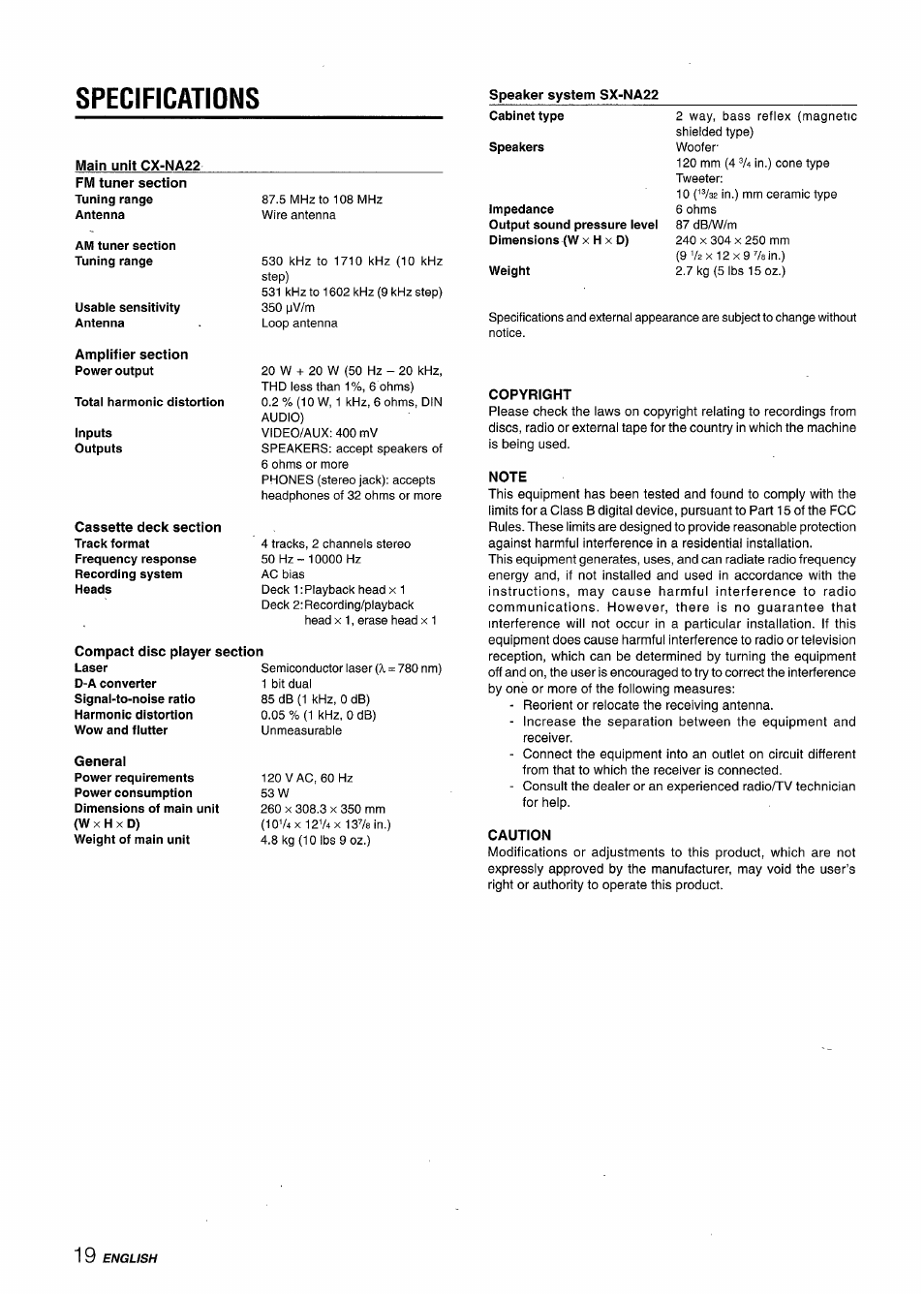 Copyright, Note, Caution | Specifications | Aiwa CX-NA22 User Manual | Page 20 / 64