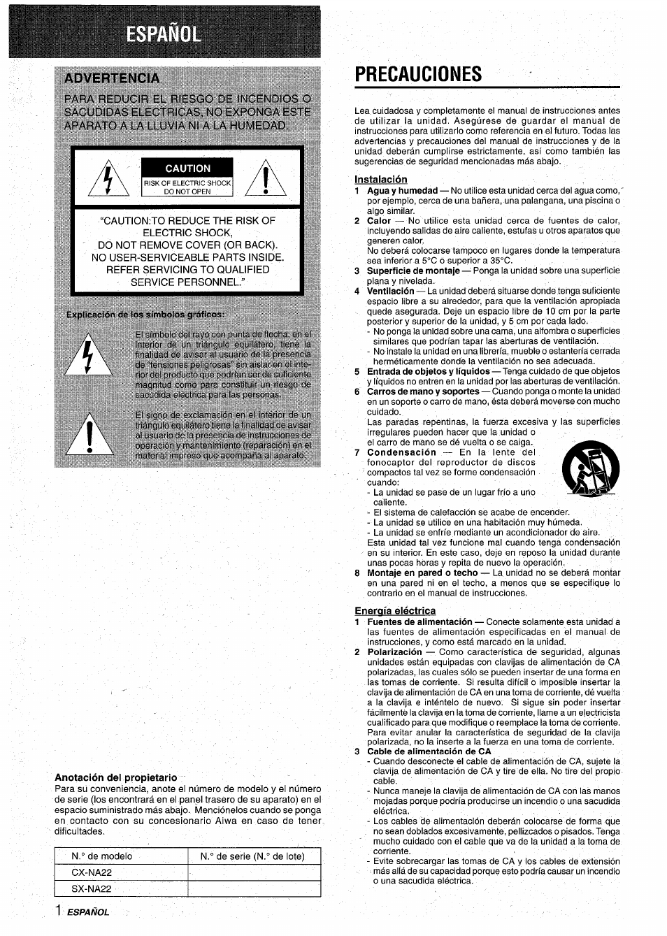 Anotación del propietario, Precauciones, Instalación | Advertencia | Aiwa CX-NA22 User Manual | Page 22 / 64
