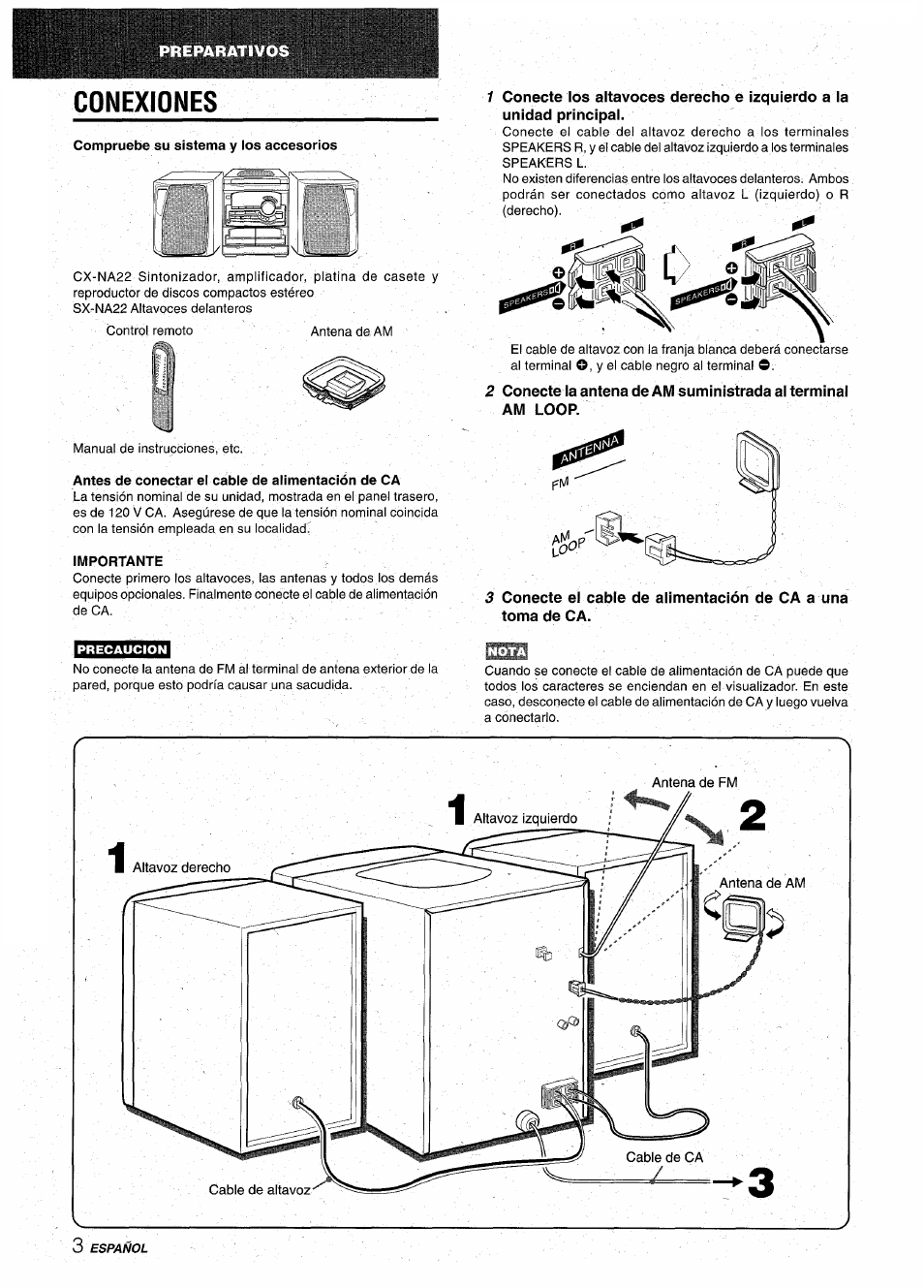 Conexiones, Compruebe su sistema y los accesorios, Antes de conectar el cable de alimentación de ca | Importante | Aiwa CX-NA22 User Manual | Page 24 / 64