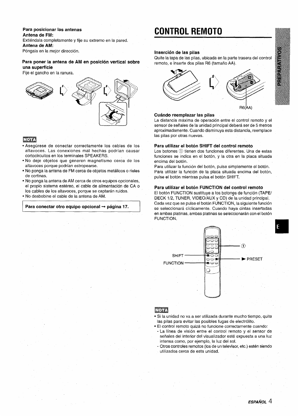 Para posicionar las antenas antena de fm, Control remoto, Inserción de las pilas | Cuándo reemplazar las pilas, Para utilizar el botón shift del control remoto, Para utilizar el botón function del control remoto | Aiwa CX-NA22 User Manual | Page 25 / 64