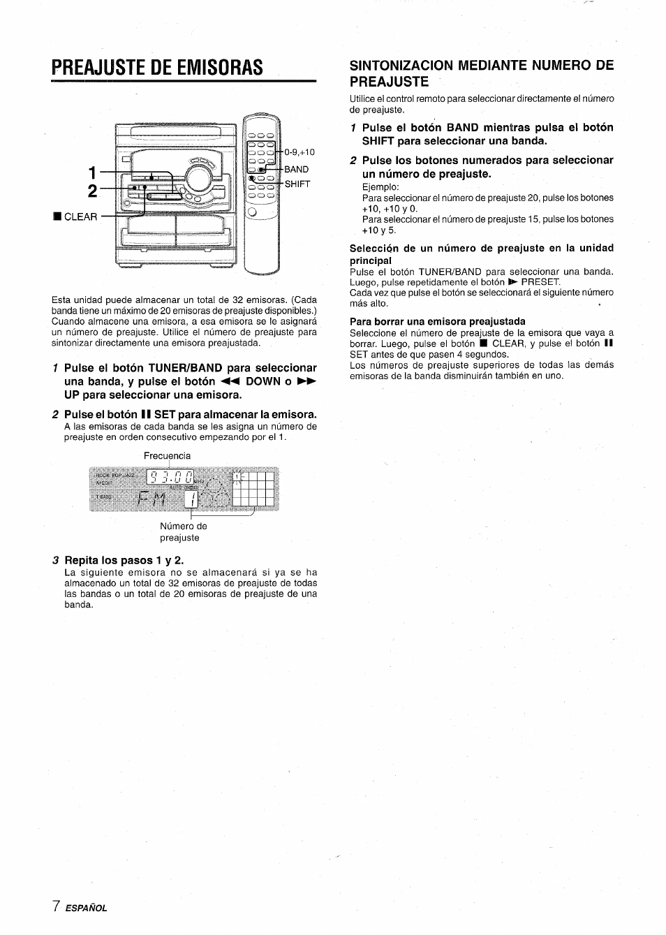Preajuste de emisoras, 2 pulse el botón ii set para almacenar la emisora, Repita los pasos 1 y 2 | Sintonizacion mediante numero de preajuste, Pulse el botón ii set para almacenar la emisora | Aiwa CX-NA22 User Manual | Page 28 / 64