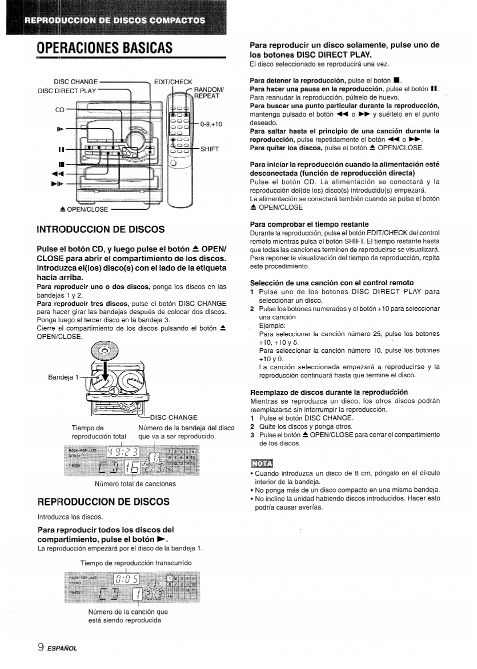 Operaciones basicas, Para comprobar el tiempo restante, Selección de una canción con el control remoto | Reemplazo de discos durante la reproducción, Introduccion de discos, Reproduccion de discos | Aiwa CX-NA22 User Manual | Page 30 / 64