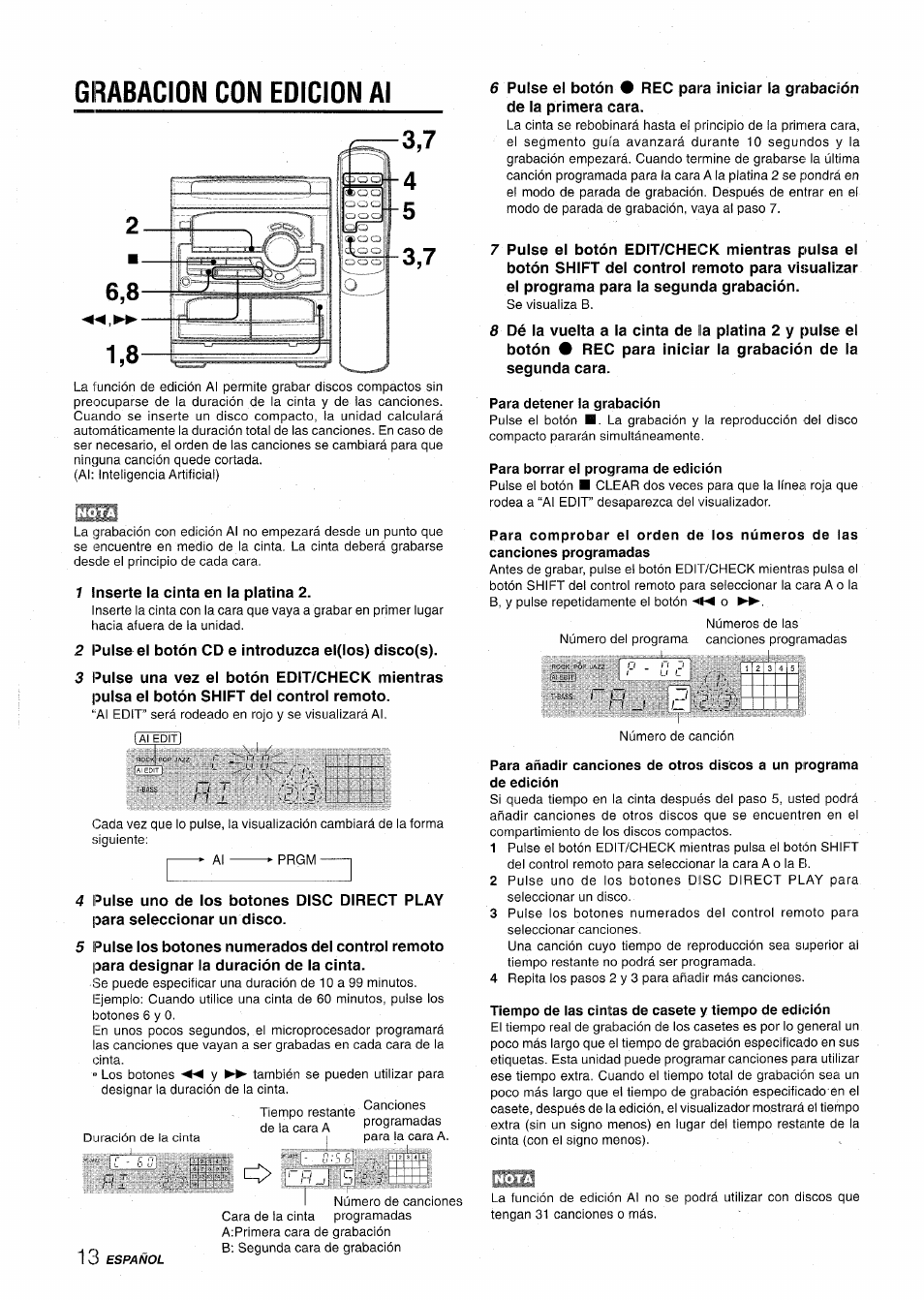 Grabacion con edicion al, Para detener la grabación, Para borrar el programa de edición | Tiempo de ias cintas de casete y tiempo de edición | Aiwa CX-NA22 User Manual | Page 34 / 64