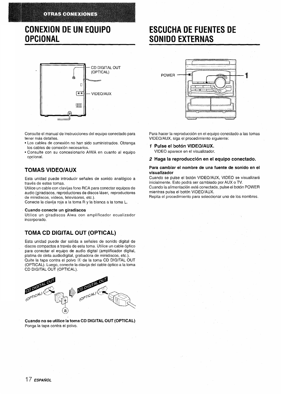 Conexion de un equipo opcional, Escucha de fuentes de sonido externas, Cuando conecte un giradiscos | 1 pulse el botón video/aux, 2 haga la reproducción en el equipo conectado | Aiwa CX-NA22 User Manual | Page 38 / 64
