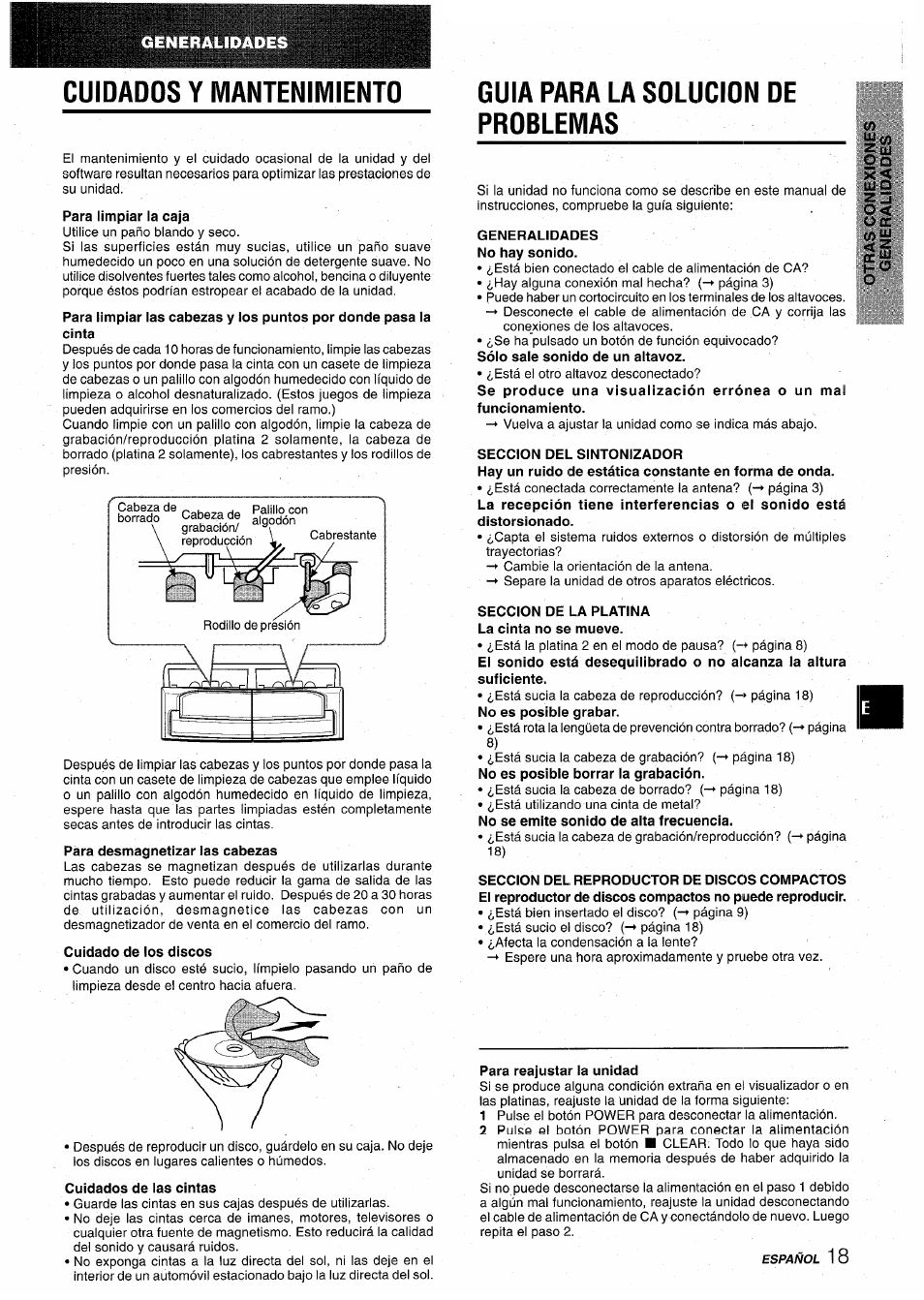 Cuidados y mantenimiento, Para limpiar la caja, Cuidado de los discos | Cuidados de las cintas, Guia para la solucion de problemas, Generalidades no hay sonido, Seccion del sintonizador, Seccion de la platina la cinta no se mueve, Para reajustar la unidad | Aiwa CX-NA22 User Manual | Page 39 / 64