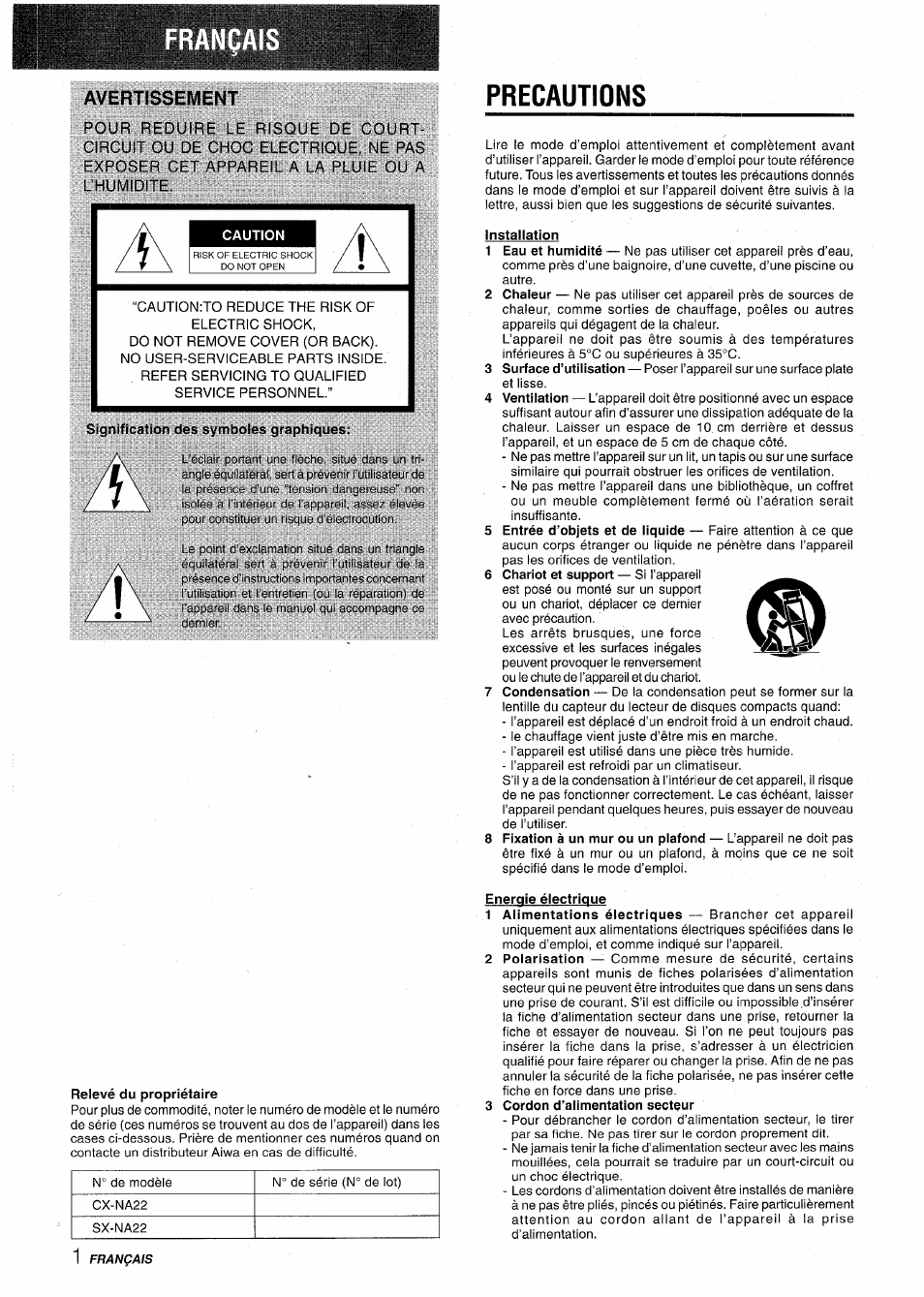 Caution, Signification des symboles graphiques, Relevé du propriétaire | Precautions, Installation, Energie électrique, 3 cordon d’alimentation sectçur, Avertissement | Aiwa CX-NA22 User Manual | Page 42 / 64