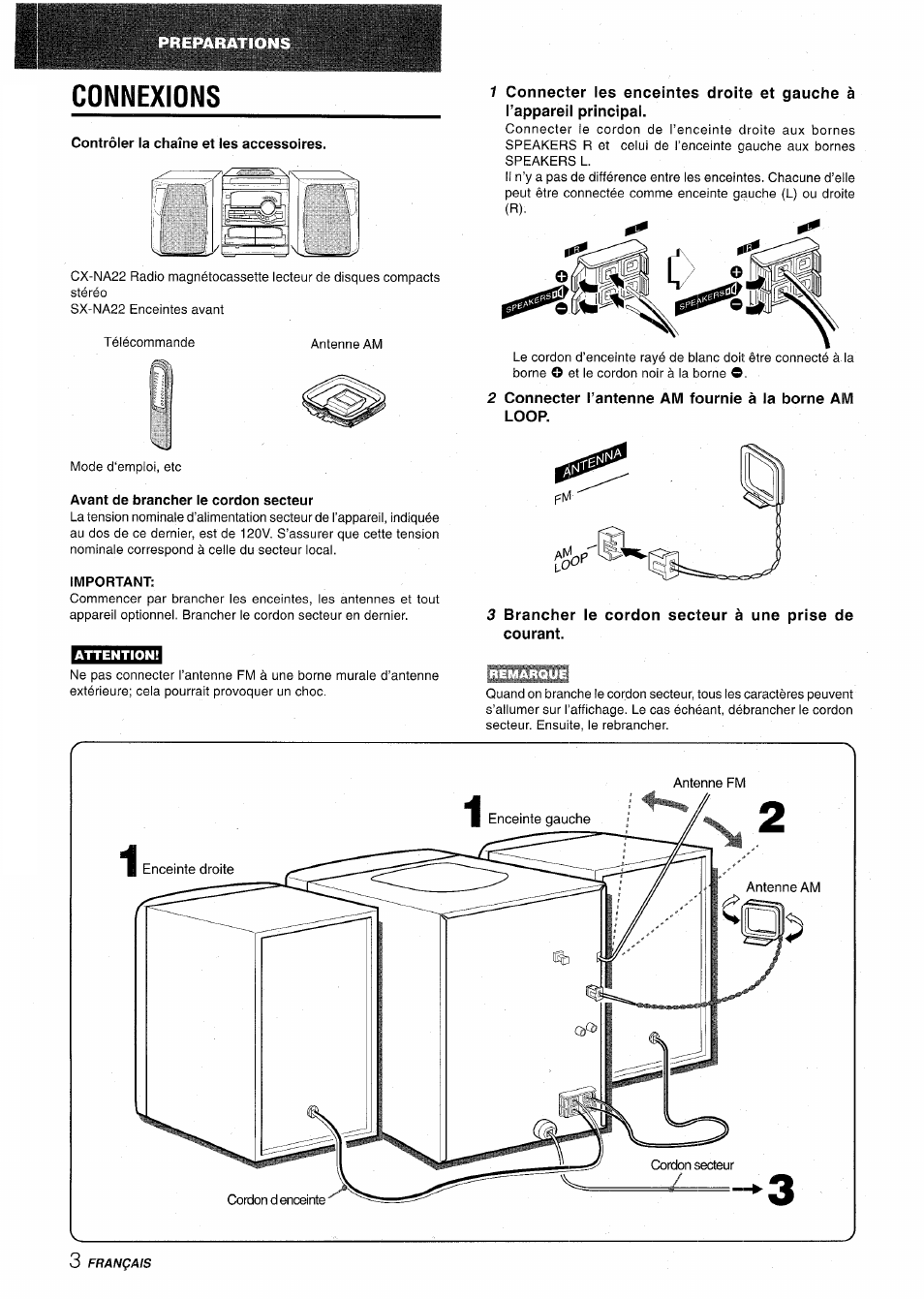 Connexions, Contrôler la chaîne et les accessoires, Avant de brancher le cordon secteur | Important | Aiwa CX-NA22 User Manual | Page 44 / 64