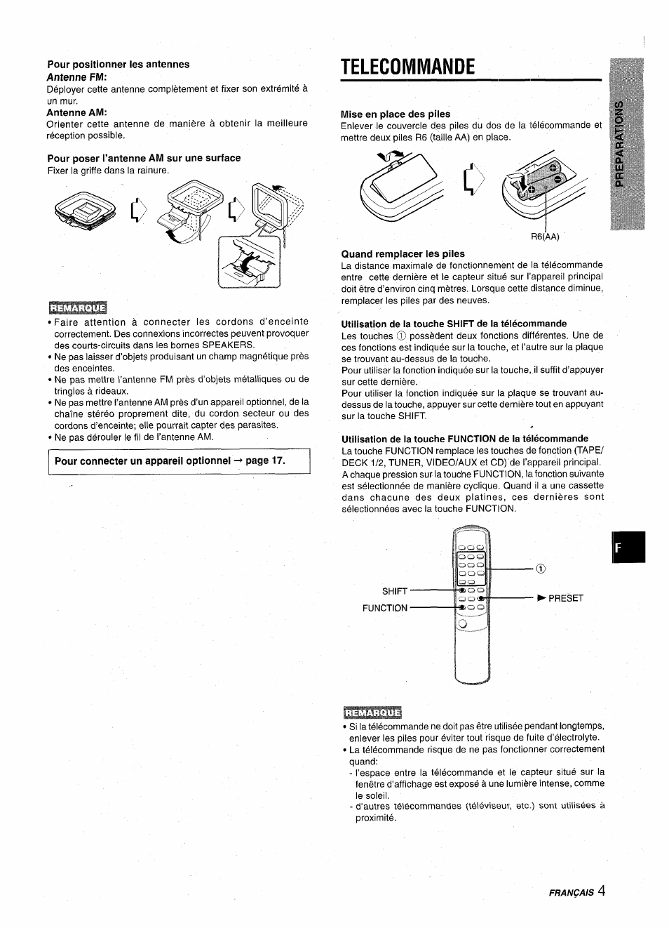 Pour positionner les antennes antenne fm, Pour poser l’antenne am sur une surface, Telecommande | Mise en place des piles, Quand remplacer les piles, Utilisation de la touche shift de la télécommande | Aiwa CX-NA22 User Manual | Page 45 / 64