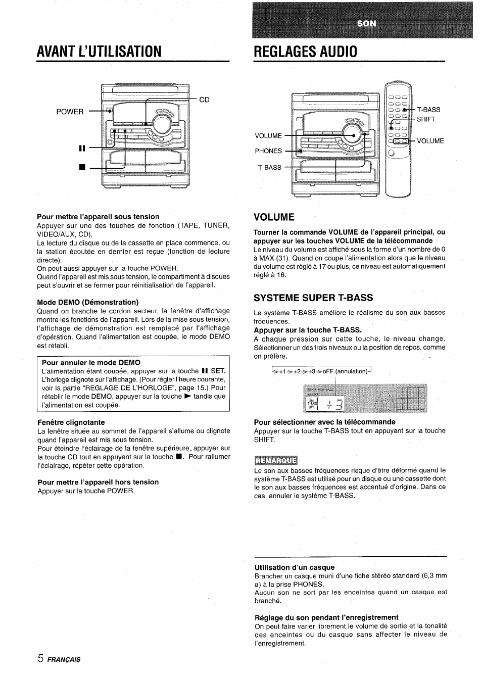 Avant l’utilisation, Pour mettre l’appareil sous tension, Mode demo (démonstration) | Fenêtre clignotante, Pour mettre l’appareil hors tension, Pour sélectionner avec la télécommande, Utilisation d’un casque, Réglage du son pendant l’enregistrement, Avant l’utilisation reglages audio | Aiwa CX-NA22 User Manual | Page 46 / 64