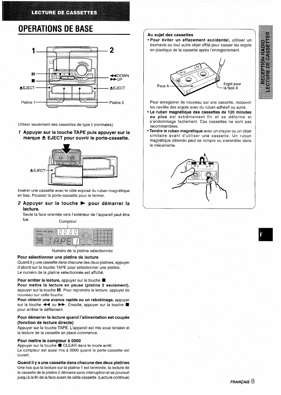 Operations oe base, 2 appuyer sur la touche ► pour démarrer la lecture, Au sujet des cassettes | Aiwa CX-NA22 User Manual | Page 49 / 64
