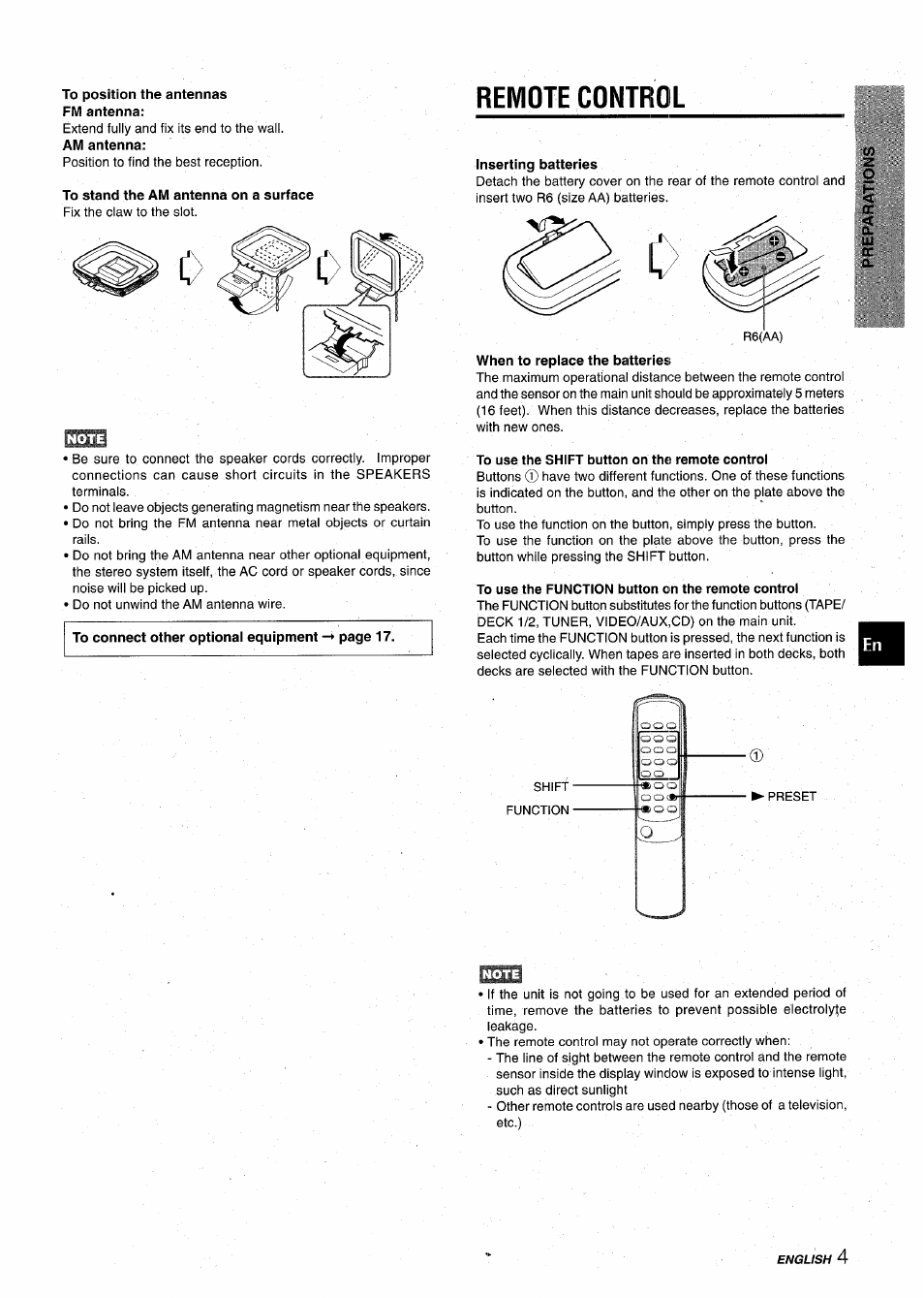 To position the antennas fm antenna, To stand the am antenna on a surface, Remote control | Inserting batteries, When to replace the batteries, To use the shift button on the remote control, To use the function button on the remote control | Aiwa CX-NA22 User Manual | Page 5 / 64