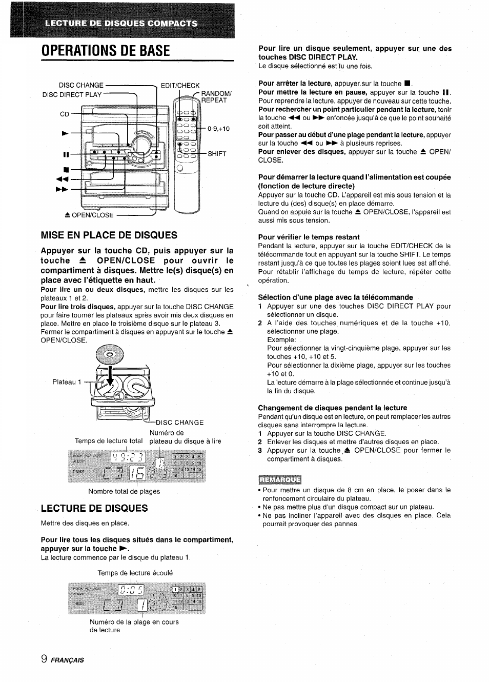 Operations de base, Pour vérifier le temps restant, Sélection d’une plage avec la télécommande | Changement de disques pendant ia lecture, Mise en place de disques, Lecture de disques | Aiwa CX-NA22 User Manual | Page 50 / 64