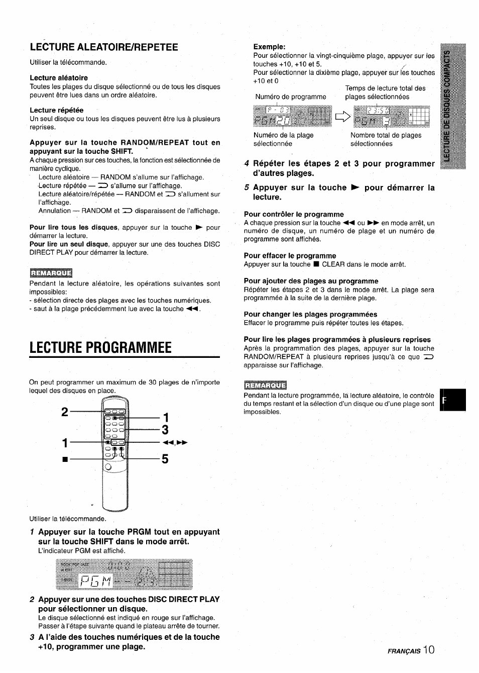 Lecture aléatoire, Lecture répétée, Exemple | Pour contrôler le programme, Pour effacer le programme, Pour ajouter des plages au programme, Pour changer les plages programmées, Lecture programmee | Aiwa CX-NA22 User Manual | Page 51 / 64