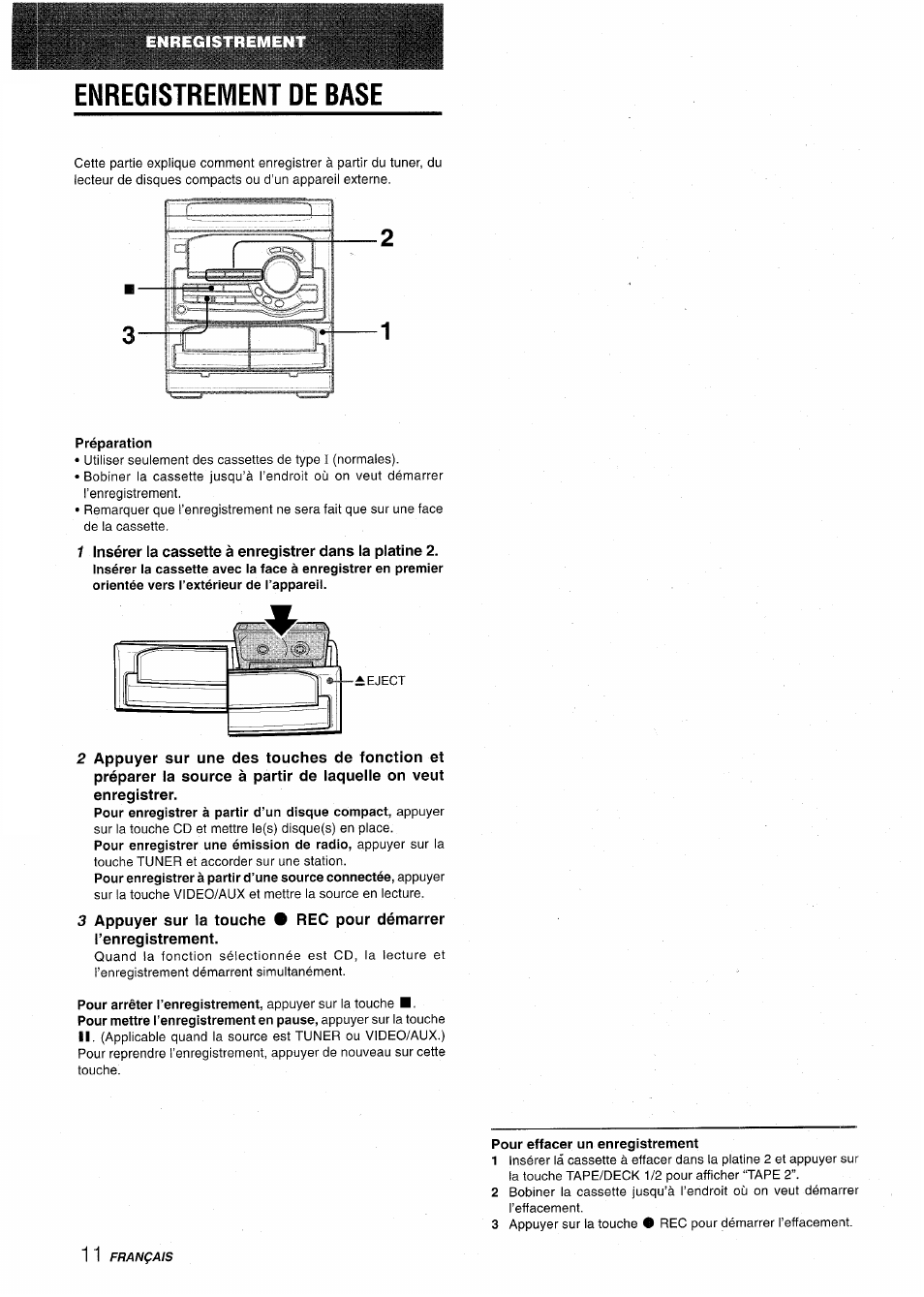 Enregistrement de base, Préparation, Pour effacer un enregistrement | Aiwa CX-NA22 User Manual | Page 52 / 64