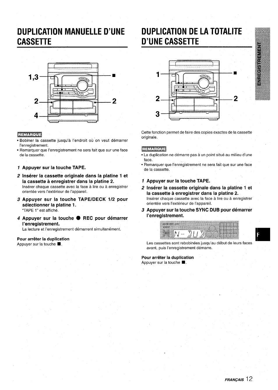 Duplication manuelle d’une cassehe, Duplication de la totalite d’une cassehe, Pour arrêter la duplication | Duplication manuelle d’une cassette | Aiwa CX-NA22 User Manual | Page 53 / 64