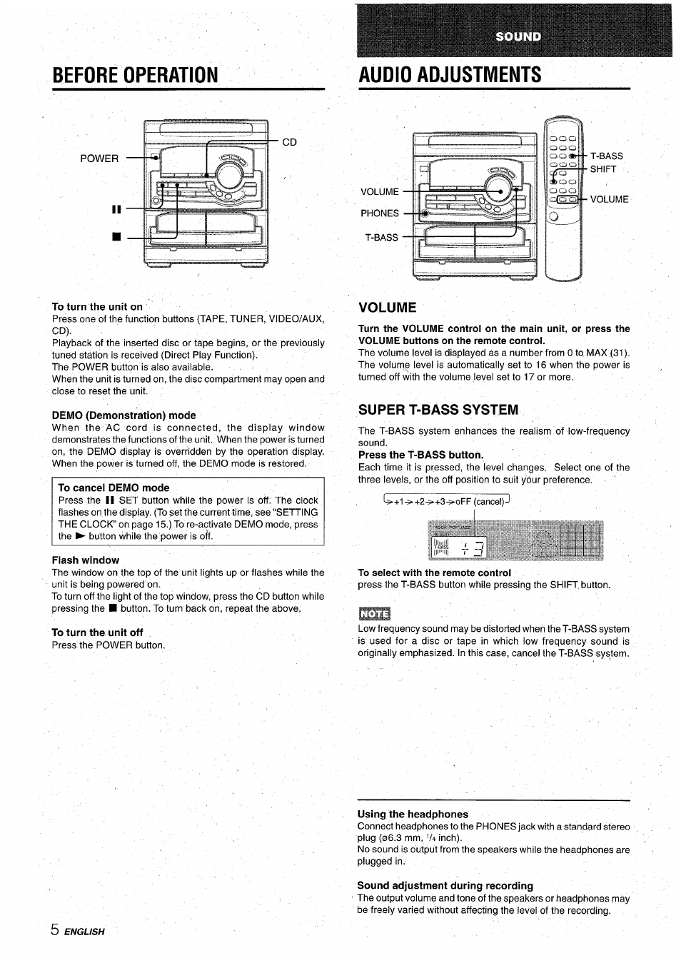 Before operation, Audio adjustments, To turn the unit on | Demo (demonstration) mode, Flash window, To turn the unit off, To select with the remote control, Using the headphones, Sound adjustment during recording, Before operation è | Aiwa CX-NA22 User Manual | Page 6 / 64