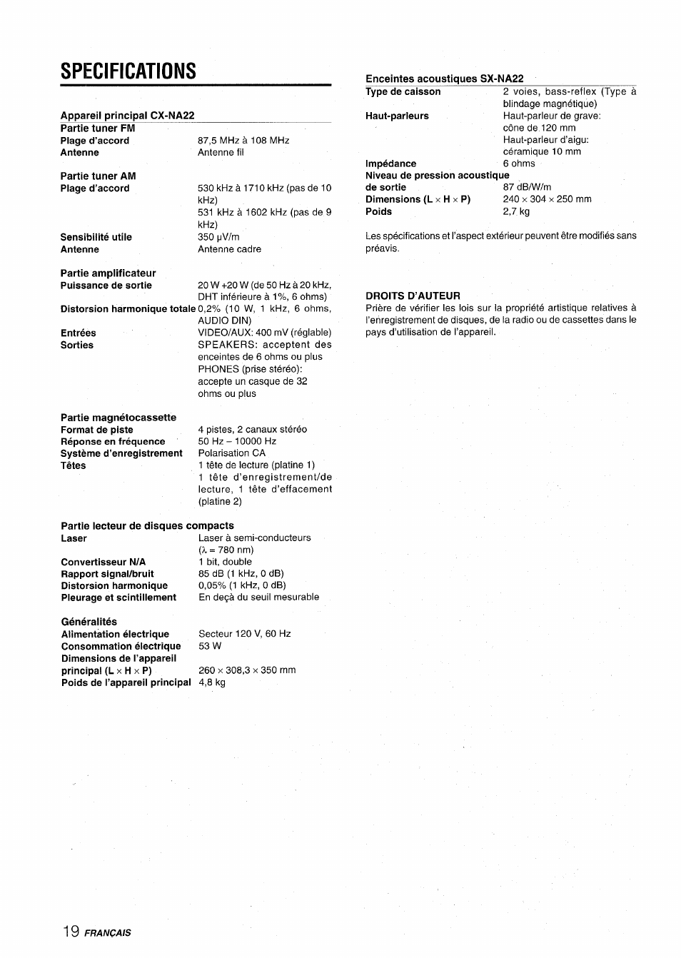 Specifications, Appareil principal cx-na22, Enceintes acoustiques sx-na22 | Partie amplificateur, Droits d’auteur, Partie lecteur de disques compacts | Aiwa CX-NA22 User Manual | Page 60 / 64