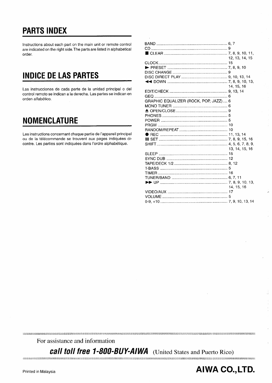 Parts index, Indice de las partes, Ndmenclature | Aiwa co., ltd, Call toll free 1-800-buy-aiwa, For assistance and information, United states and puerto rico) | Aiwa CX-NA22 User Manual | Page 64 / 64