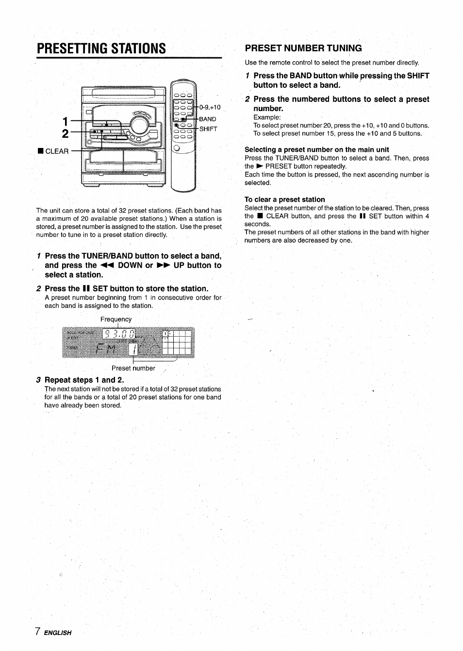 Presetting stations, 2 press the ii set button to store the station, 3 repeat steps 1 and 2 | Selecting a preset number on the main unit, To clear a preset station | Aiwa CX-NA22 User Manual | Page 8 / 64