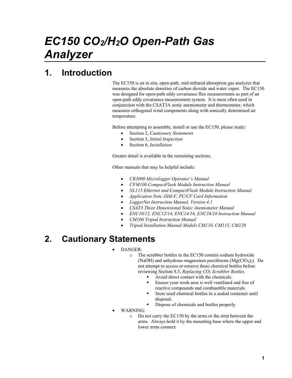 Introduction, Cautionary statements, Ec150 co | O open-path gas analyzer | Campbell Scientific EC150 CO2 and H2O Open-Path Gas Analyzer and EC100 Electronics with Optional CSAT3A 3D Sonic Anemometer User Manual | Page 11 / 86