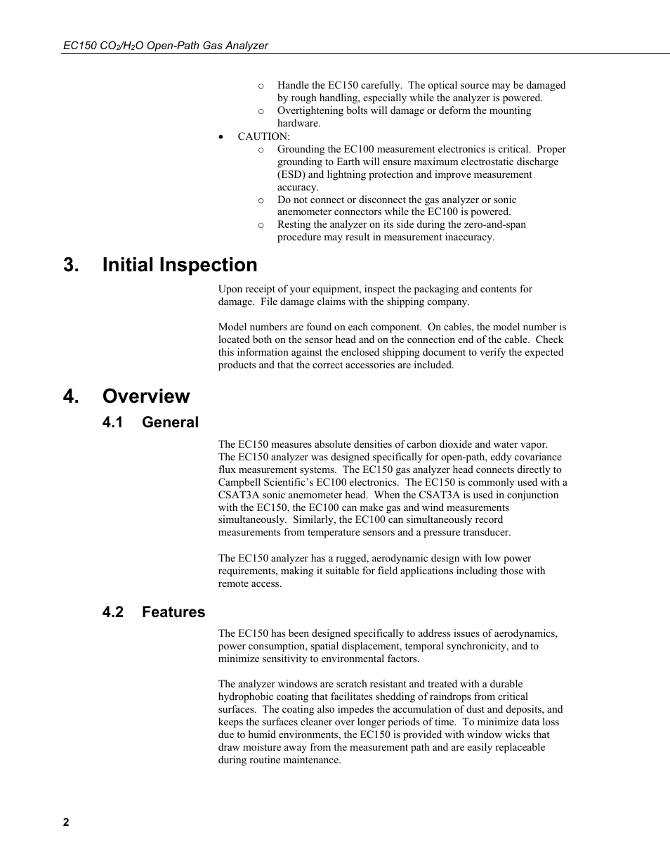 Initial inspection, Overview, 1 general | 2 features, General, Features | Campbell Scientific EC150 CO2 and H2O Open-Path Gas Analyzer and EC100 Electronics with Optional CSAT3A 3D Sonic Anemometer User Manual | Page 12 / 86