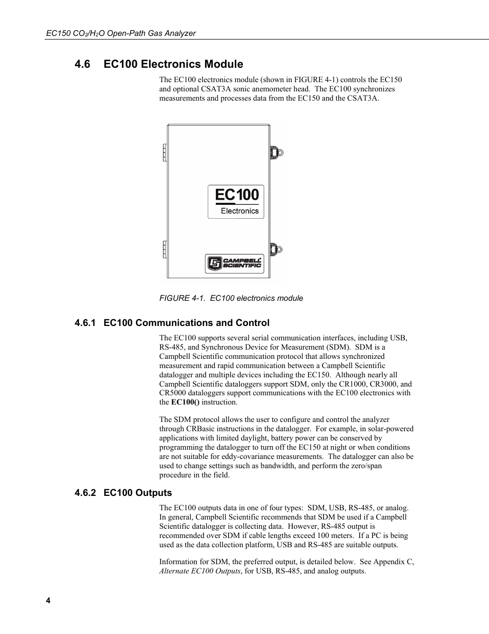 6 ec100 electronics module, 1 ec100 communications and control, 2 ec100 outputs | Ec100 electronics module, Ec100 communications and control, Ec100 outputs, 1. ec100 electronics module | Campbell Scientific EC150 CO2 and H2O Open-Path Gas Analyzer and EC100 Electronics with Optional CSAT3A 3D Sonic Anemometer User Manual | Page 14 / 86
