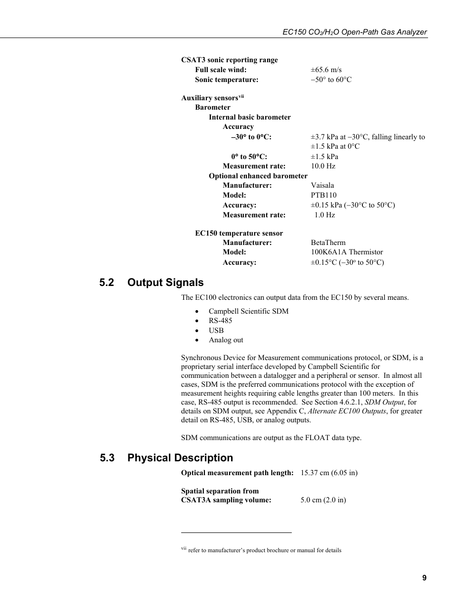 2 output signals, 3 physical description, Output signals | Physical description | Campbell Scientific EC150 CO2 and H2O Open-Path Gas Analyzer and EC100 Electronics with Optional CSAT3A 3D Sonic Anemometer User Manual | Page 19 / 86