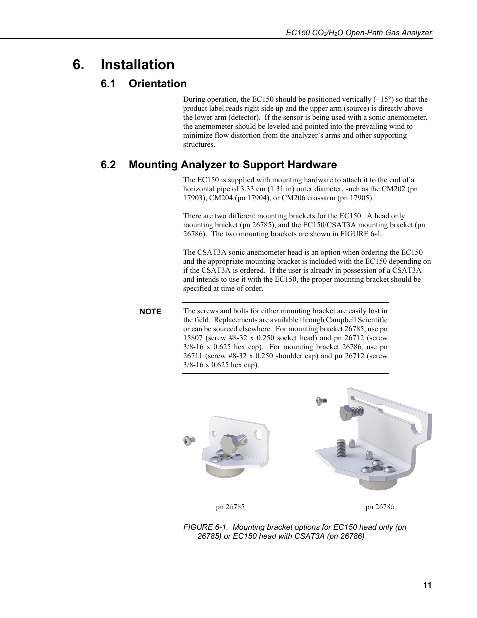 Installation, 1 orientation, 2 mounting analyzer to support hardware | Orientation, Mounting analyzer to support hardware, Ec150 head with csat3a (pn 26786) | Campbell Scientific EC150 CO2 and H2O Open-Path Gas Analyzer and EC100 Electronics with Optional CSAT3A 3D Sonic Anemometer User Manual | Page 21 / 86