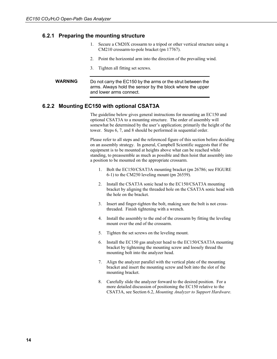 1 preparing the mounting structure, 2 mounting ec150 with optional csat3a, Preparing the mounting structure | Mounting ec150 with optional csat3a | Campbell Scientific EC150 CO2 and H2O Open-Path Gas Analyzer and EC100 Electronics with Optional CSAT3A 3D Sonic Anemometer User Manual | Page 24 / 86