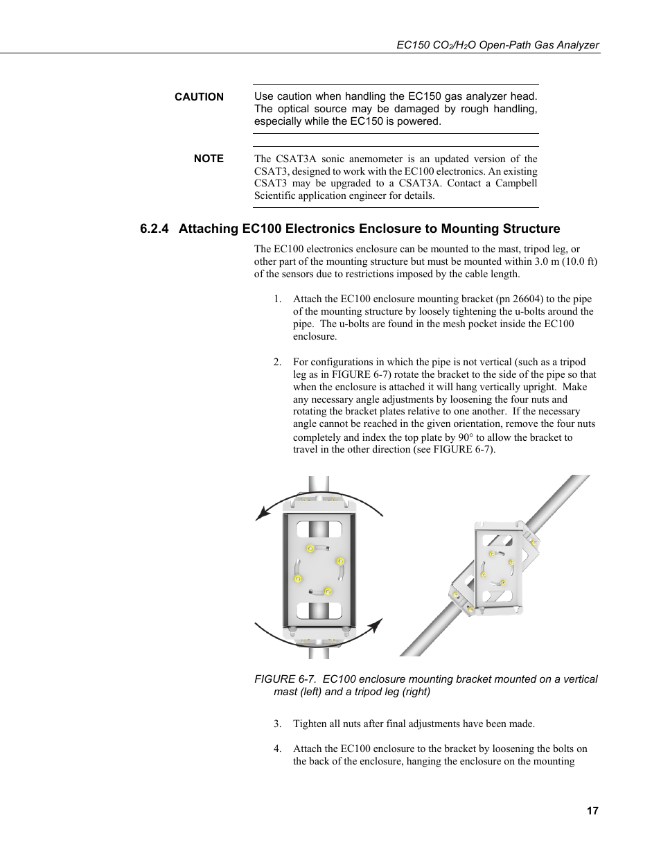 Attaching ec100 electronics enclosure to mounting, Structure, Left) and a tripod leg (right) | Campbell Scientific EC150 CO2 and H2O Open-Path Gas Analyzer and EC100 Electronics with Optional CSAT3A 3D Sonic Anemometer User Manual | Page 27 / 86