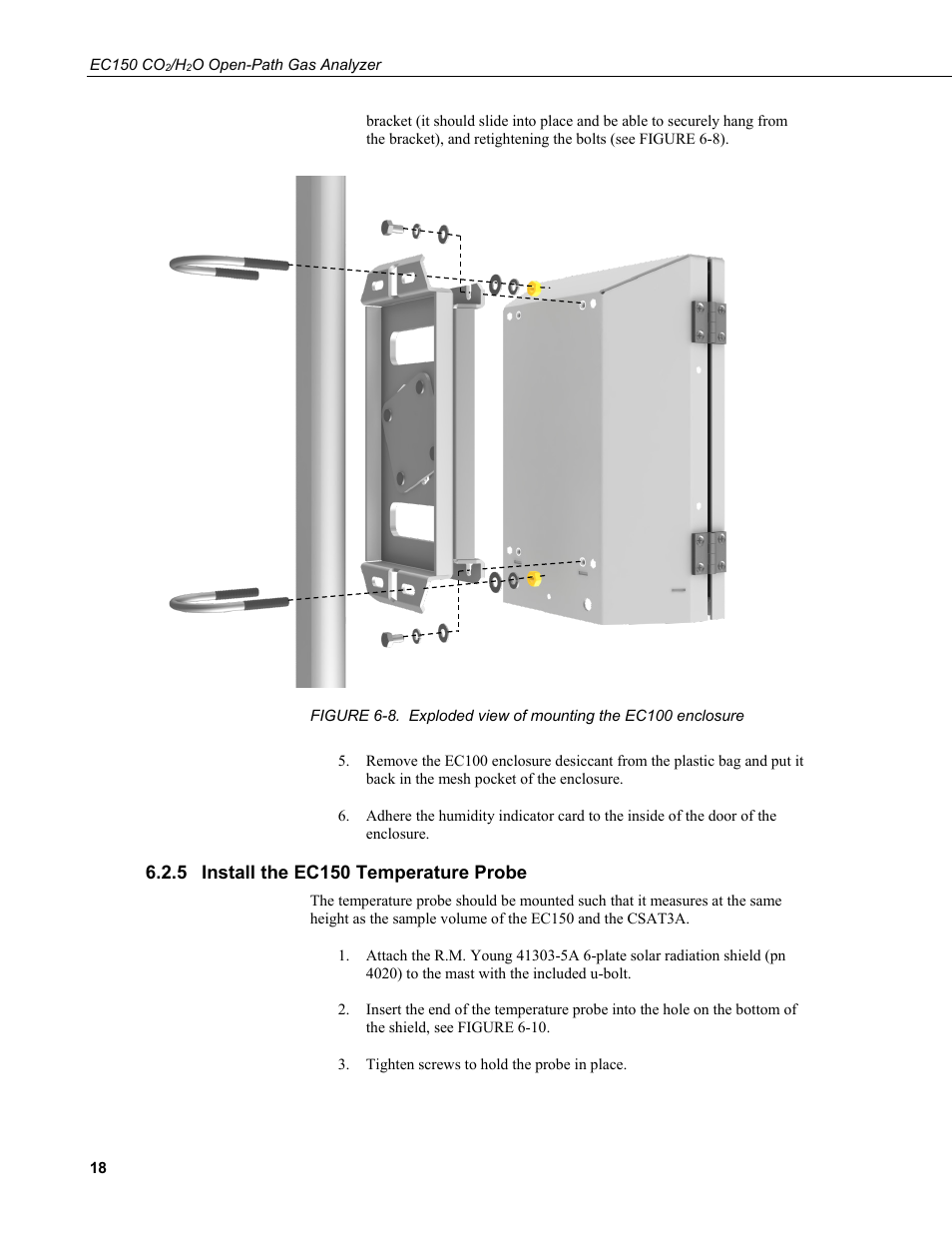 5 install the ec150 temperature probe, Install the ec150 temperature probe, 8. exploded view of mounting the ec100 enclosure | Campbell Scientific EC150 CO2 and H2O Open-Path Gas Analyzer and EC100 Electronics with Optional CSAT3A 3D Sonic Anemometer User Manual | Page 28 / 86