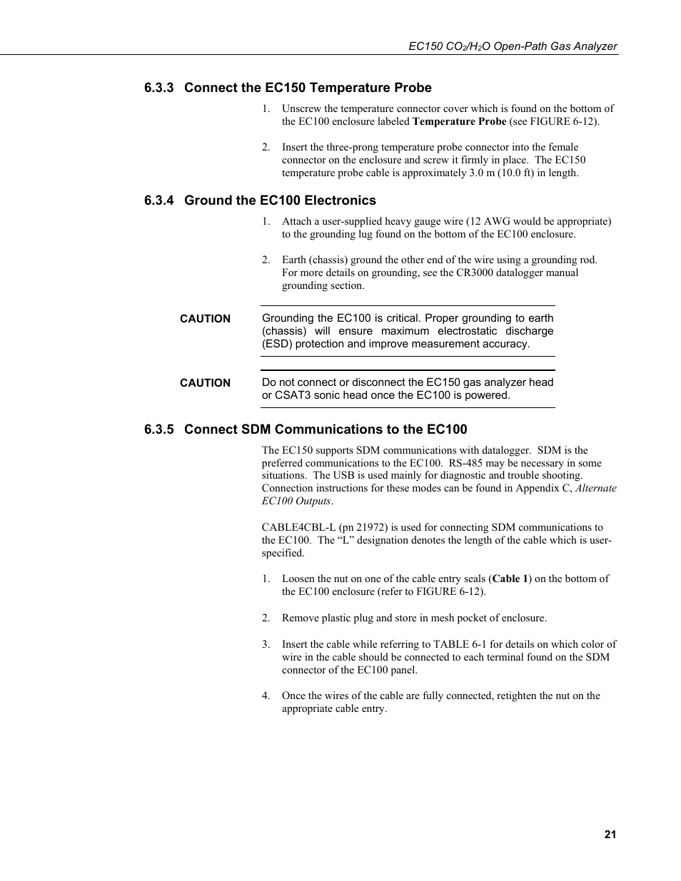 3 connect the ec150 temperature probe, 4 ground the ec100 electronics, 5 connect sdm communications to the ec100 | Connect the ec150 temperature probe, Ground the ec100 electronics, Connect sdm communications to the ec100 | Campbell Scientific EC150 CO2 and H2O Open-Path Gas Analyzer and EC100 Electronics with Optional CSAT3A 3D Sonic Anemometer User Manual | Page 31 / 86