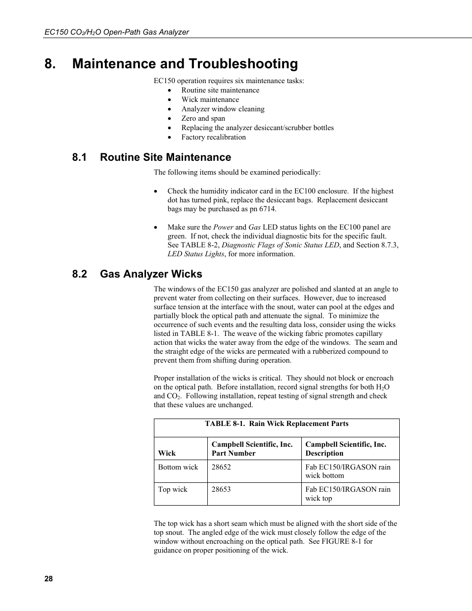 Maintenance and troubleshooting, 1 routine site maintenance, 2 gas analyzer wicks | Routine site maintenance, Gas analyzer wicks, 1. rain wick replacement parts | Campbell Scientific EC150 CO2 and H2O Open-Path Gas Analyzer and EC100 Electronics with Optional CSAT3A 3D Sonic Anemometer User Manual | Page 38 / 86