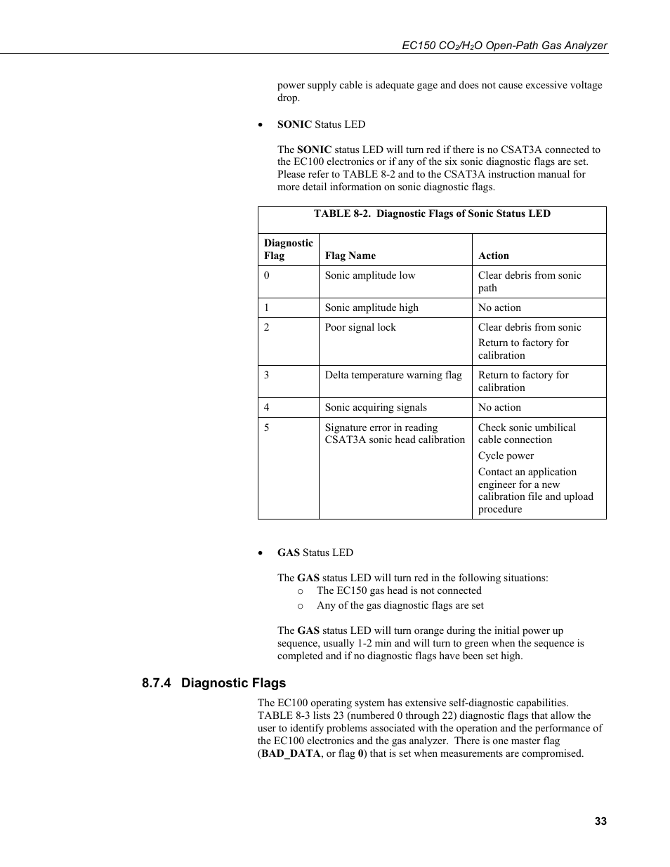 4 diagnostic flags, Diagnostic flags, 2. diagnostic flags of sonic status led | Ee table 8-2 | Campbell Scientific EC150 CO2 and H2O Open-Path Gas Analyzer and EC100 Electronics with Optional CSAT3A 3D Sonic Anemometer User Manual | Page 43 / 86