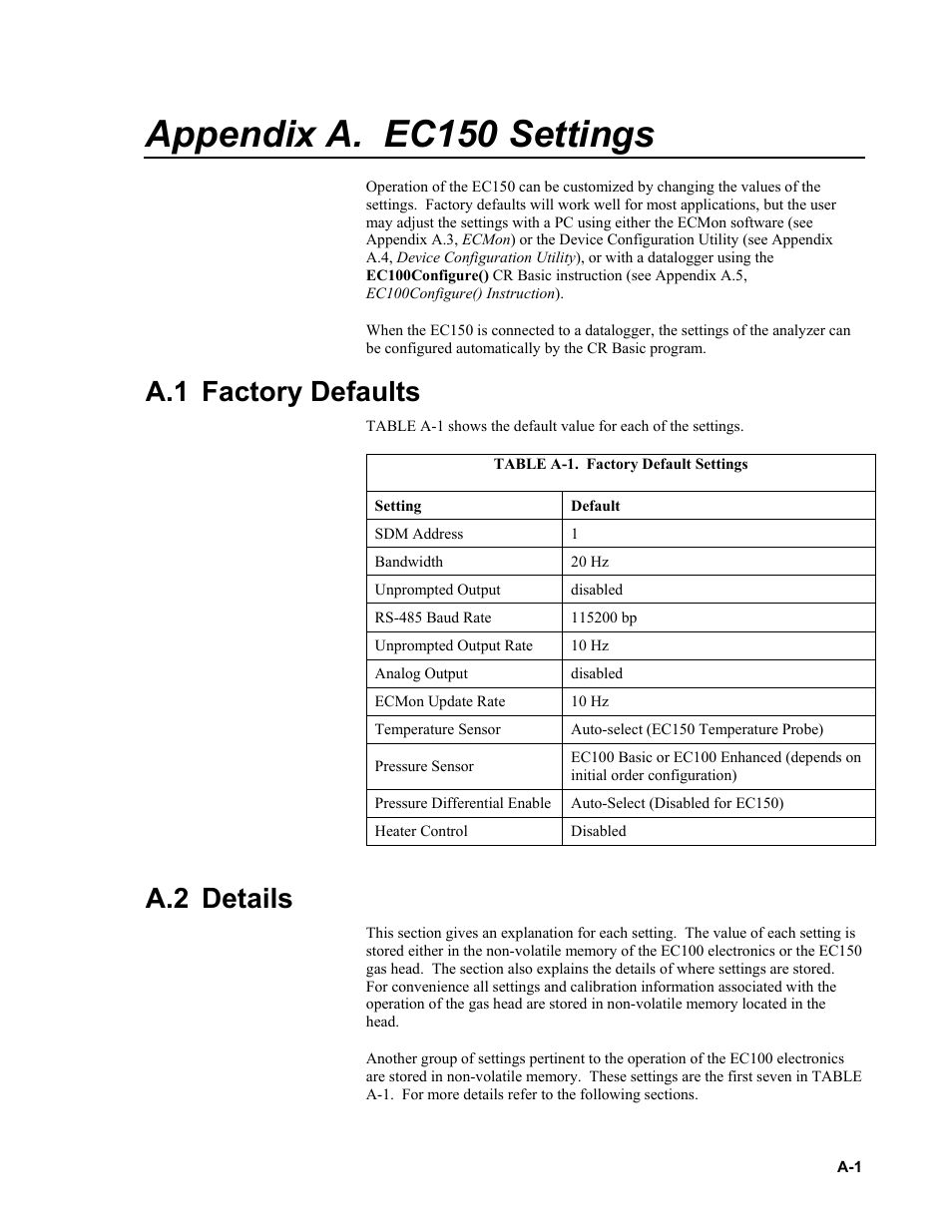 Appendix a. ec150 settings, A.1 factory defaults, A.2 details | Appendix a, Ee appendix a | Campbell Scientific EC150 CO2 and H2O Open-Path Gas Analyzer and EC100 Electronics with Optional CSAT3A 3D Sonic Anemometer User Manual | Page 49 / 86