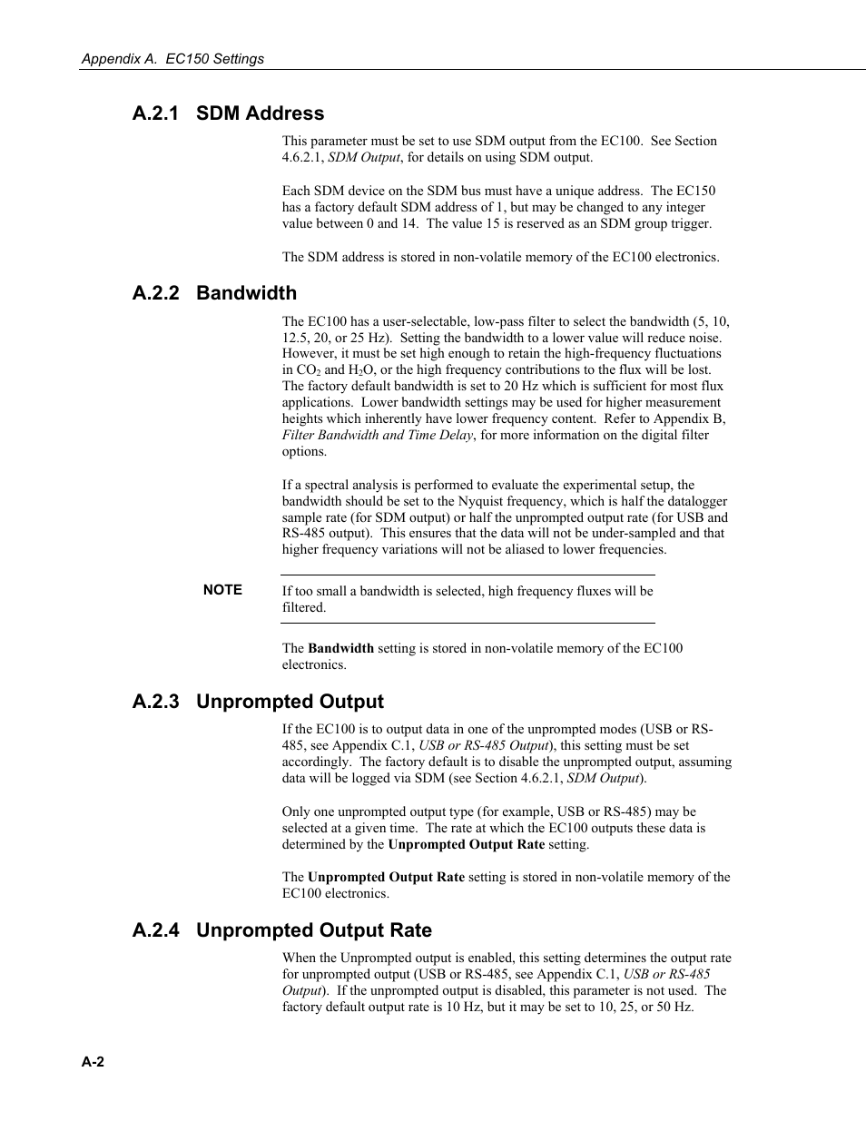 A.2.1 sdm address, A.2.2 bandwidth, A.2.3 unprompted output | A.2.4 unprompted output rate, A.2.1, A.2.2, A.2.3, A.2.4, Ee appendix a.2.1 | Campbell Scientific EC150 CO2 and H2O Open-Path Gas Analyzer and EC100 Electronics with Optional CSAT3A 3D Sonic Anemometer User Manual | Page 50 / 86