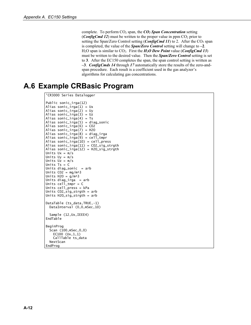 A.6 example crbasic program | Campbell Scientific EC150 CO2 and H2O Open-Path Gas Analyzer and EC100 Electronics with Optional CSAT3A 3D Sonic Anemometer User Manual | Page 60 / 86