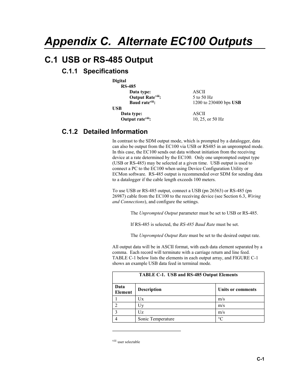 Appendix c. alternate ec100 outputs, C.1 usb or rs-485 output, C.1.1 specifications | C.1.2 detailed information, C.1.1, C.1.2, N appendix c, Ee appendix c.1, Appendix c.1 | Campbell Scientific EC150 CO2 and H2O Open-Path Gas Analyzer and EC100 Electronics with Optional CSAT3A 3D Sonic Anemometer User Manual | Page 65 / 86